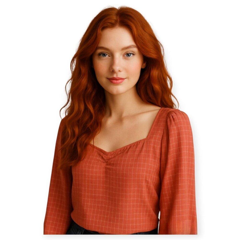 Leyden Rust Smocked Crop Top Billowy Sleeves Sweetheart Neckline Large SpringTop